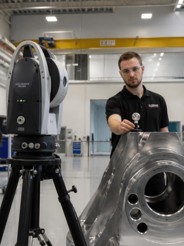 Tekniker utför kontrollmätning med lasertracker och SMR-reflektor i en industrihall