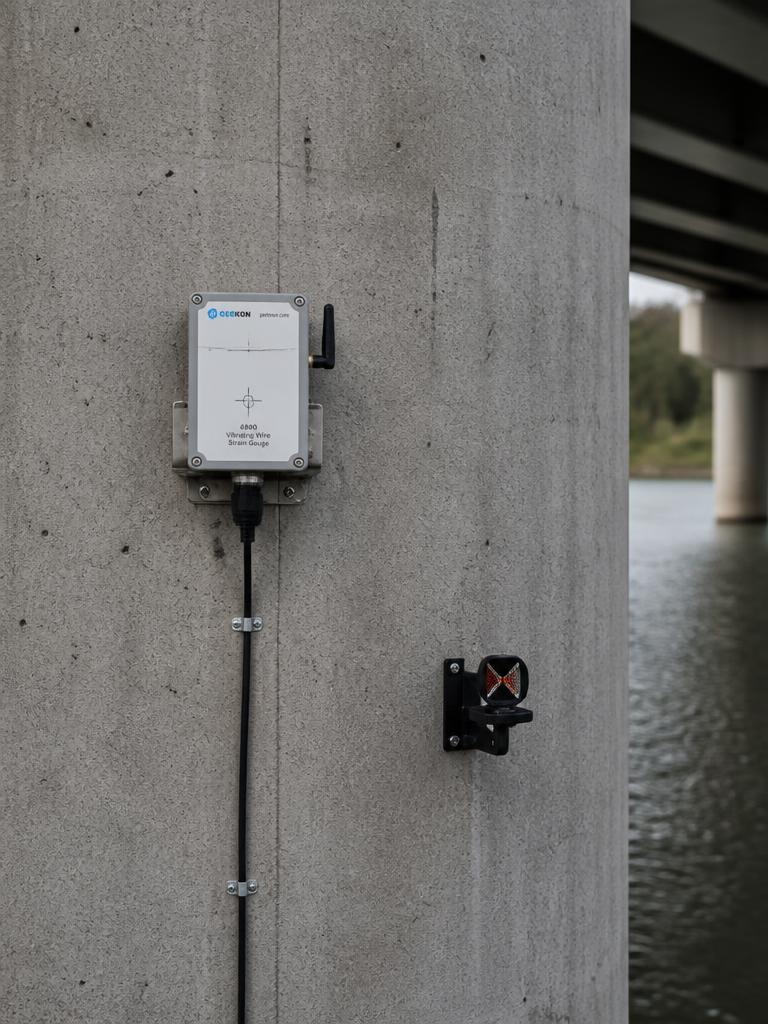 Monitoreringsprisma och sensor monterade på ett brostöd i betong