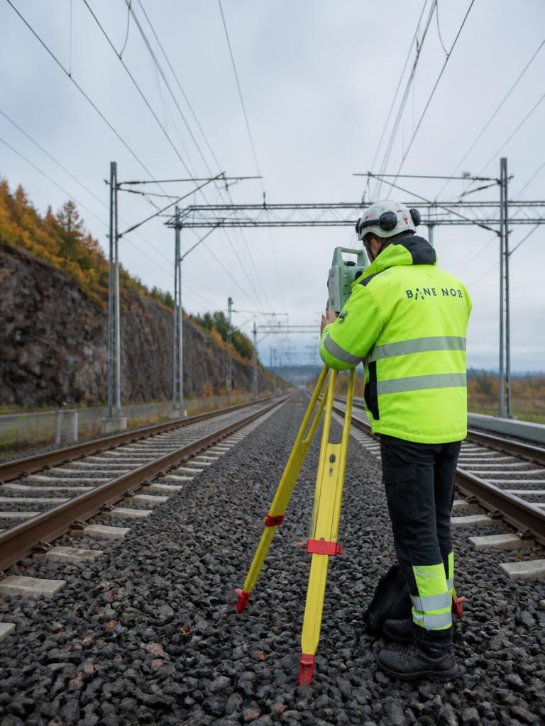 Mättekniker med instrument på tripod mellan järnvägsspår med kontaktledningar